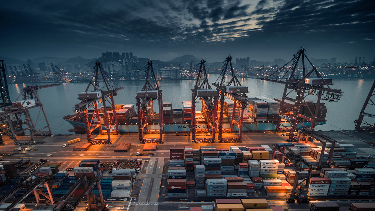 Gantry cranes working a container vessel at dusk