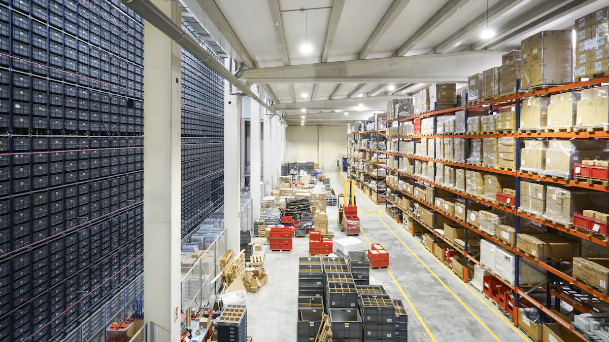 Boxed goods on warehouse shelving awaiting classification